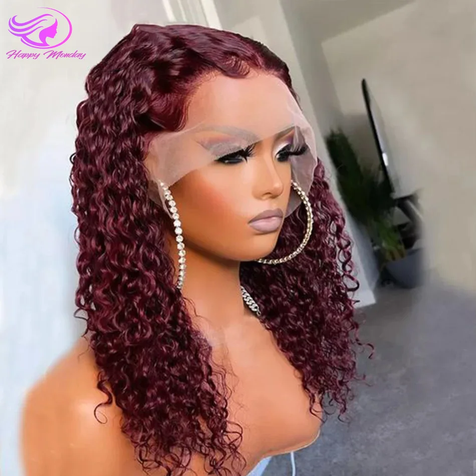 Burgundy Deep Curly Human Hair Wigs Women Brazilian Short Bob 13x4 Transparent Lace Front Wig 99j Wet and Wavy Curly Bob Wigs