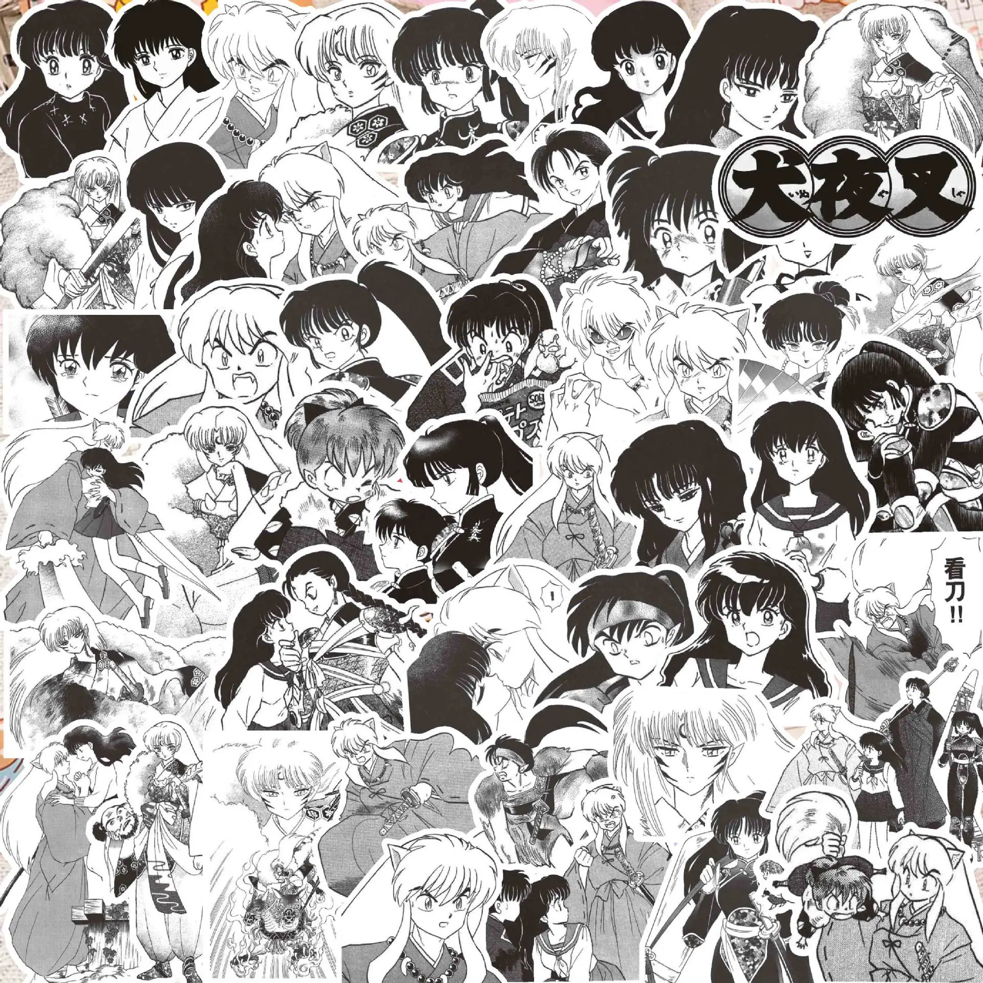 68pcs Black and White Inuyasha Cartoon Stickers Water Bottle Notebook Waterproof Stickers Decoration