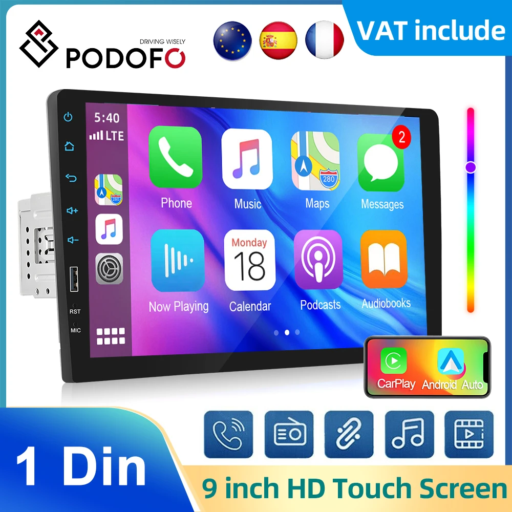 Podofo 1din 9” Car MP5 Player Universal Wireless Carplay Android auto Car Multimedia Player Bluetooth Radio Receiver MirrorLink