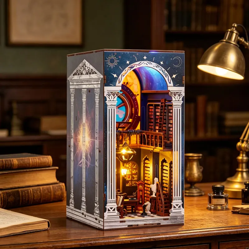 Zuuton DIY Book Nook Kit Magic Library Wooden Bookend with LED Light 3D Miniature Dollhouse Building Set Bookshelf Insert Decor