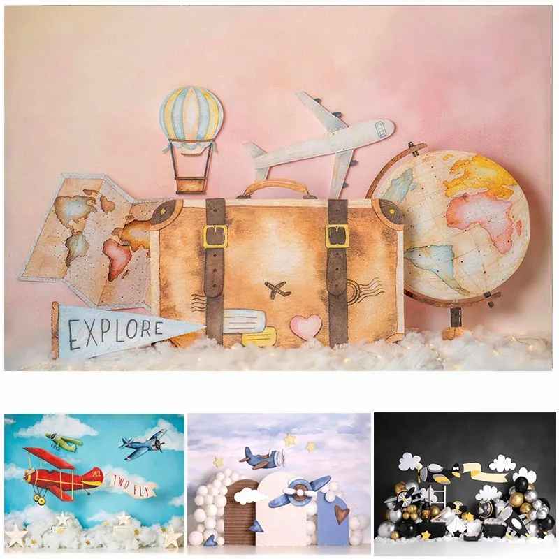 

LS Advance World Flight Backdrops Baby Shower Kids Birthday Cake Smash Photocall Pilot Plane Backgrounds
