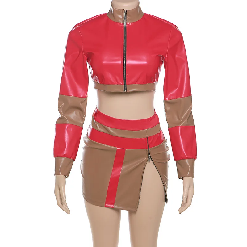 Leather Jackets 2 Piece Skirt Sets Winter Outfit Y2K Streetwear Clothes Dress Sexy Crop Tops Jacket Coats Two Piece Skirt Set