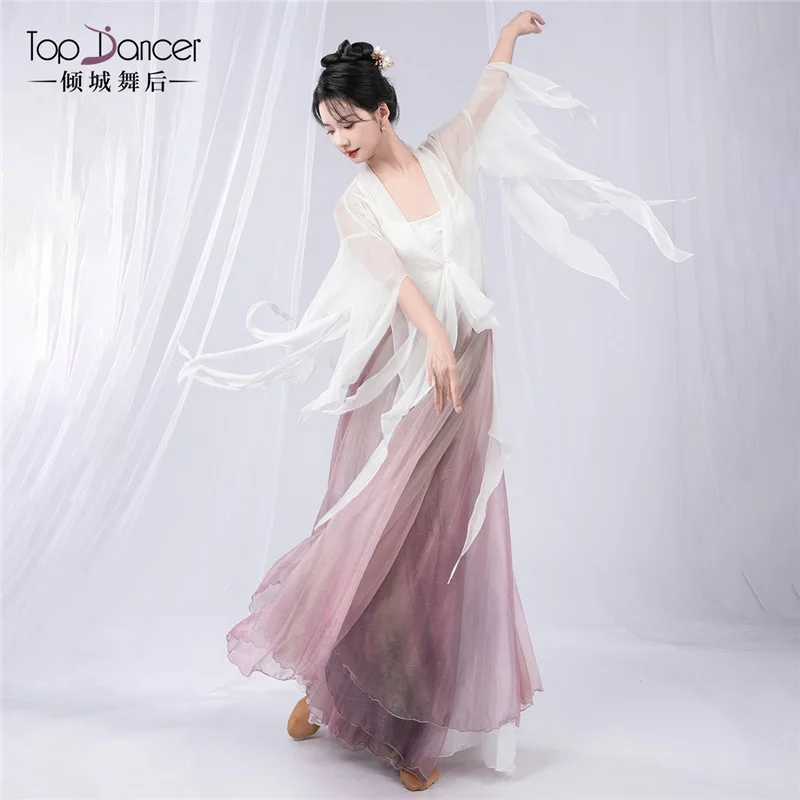 ชุดเต้นรำคลาสสิกสำหรับผู้หญิง เสื้อผ้าผ้าโปร่ง ชุดฝึกซ้อมเต้นรำพื้นบ้านจีน เสื้อคลุมแขนทรงแตร ชุดแสดงที่สง่างาม