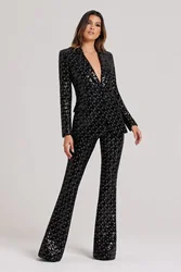 GORAFASHION Black Sexy Two Piece Set Club Wear Luxury Spring Set Sequin Formal Fashion V Neck Blazer And Pant