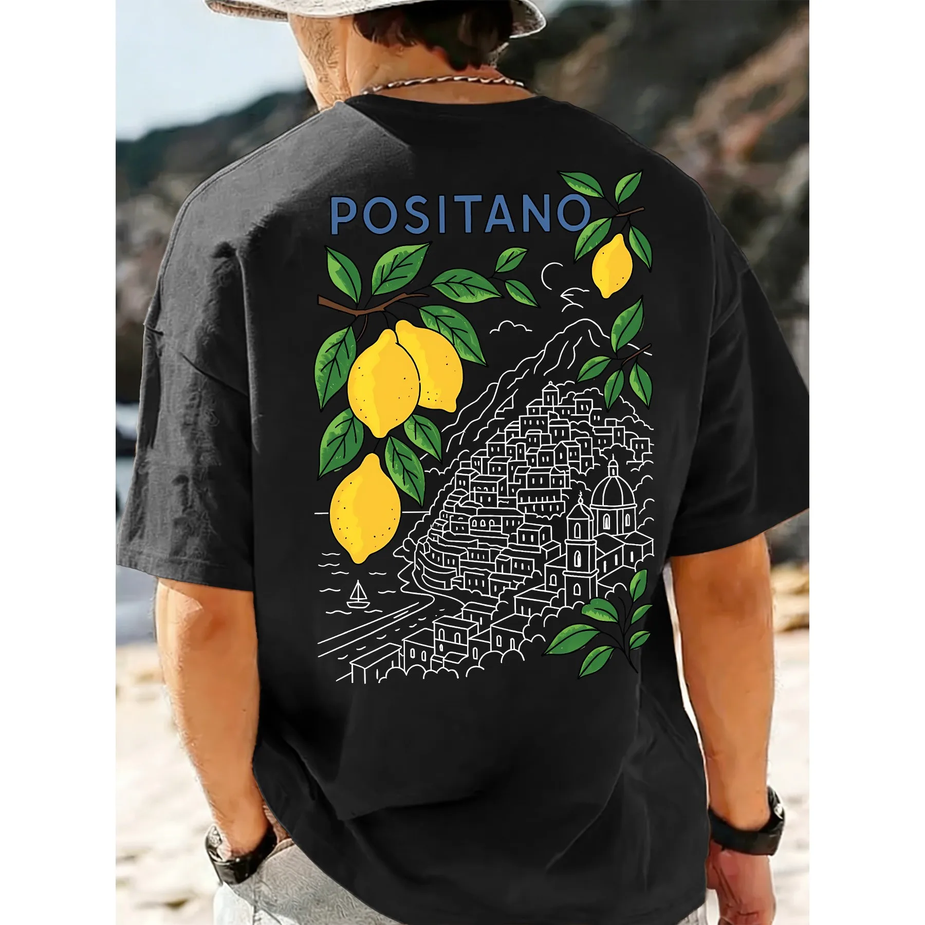 Men'S New Blend Round Neck Short Sleeve T-Shirt Positano Lemon Print Suitable for Vacation