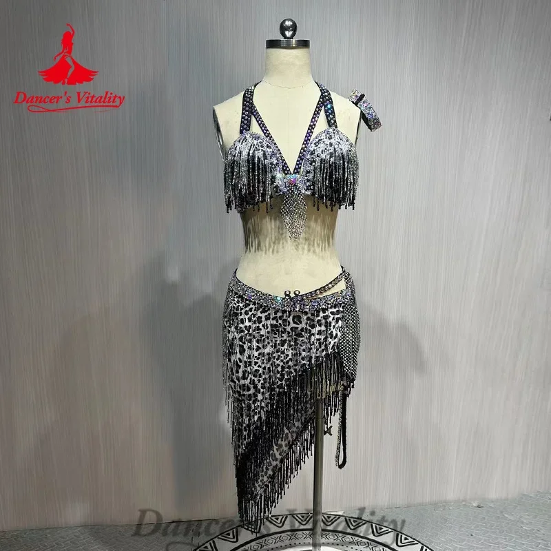 

Belly Dance Costume Customized Rhinestone Tassels Bra+leopard Print Skirt 2ps Adult Children Oriental Dance Performance Costumes