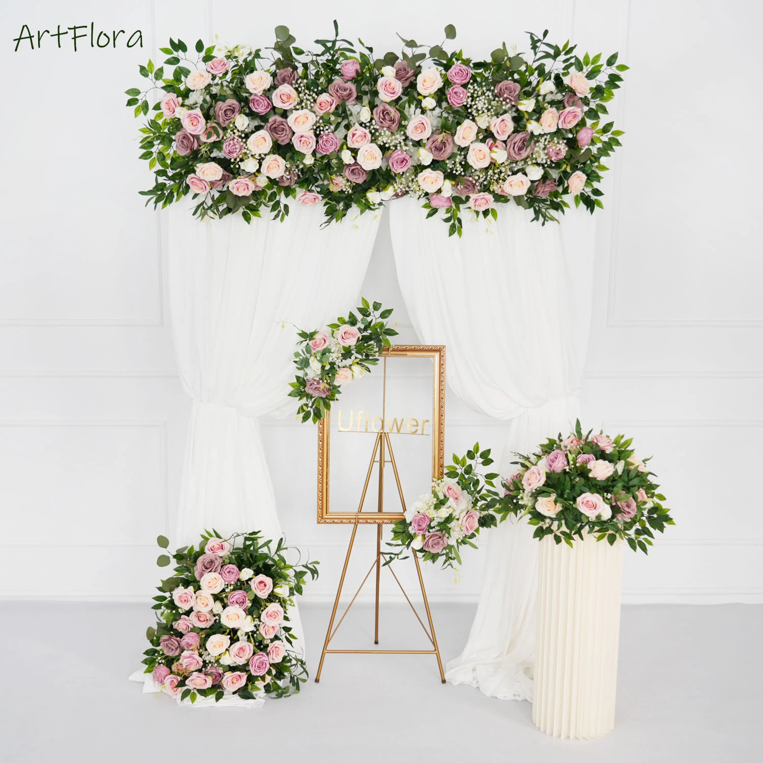 Uflower Champagne Pink Rose Green Leaf Wedding Arch Floral Row Arrangement Table Centerpiece Flower Ball Party Wedding Decor