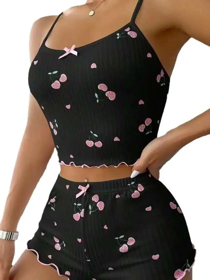 เชอร์รี่พิมพ์ Camisole และกางเกงขาสั้นกางเกงขาสั้นสตรีชุดเซ็กซี่ Backless ลึก V Suspenders แขนกุด Pure Desire Charming O471