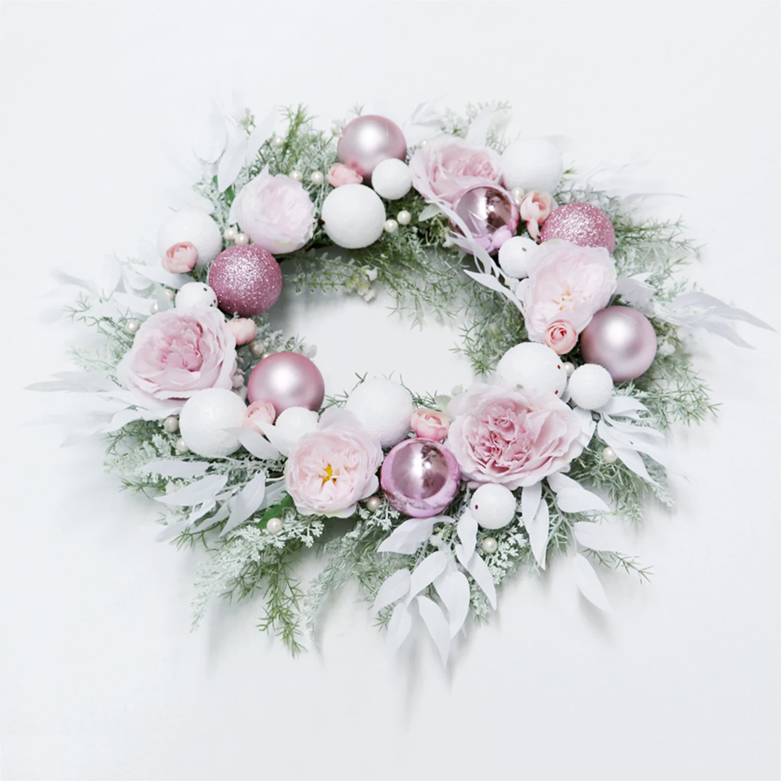 Pink Round Peony Christmas Ball Wreath Artificial Holiday Door Ornament For Wedding Home Doorways Wall Hanging Decoration