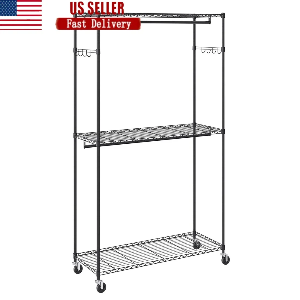 

Heavy Duty Rolling Garment Rack with Adjustable Height 3 Storage Shelves Mobile Clothes Organizer Home Bedroom 400 lbs Capacity
