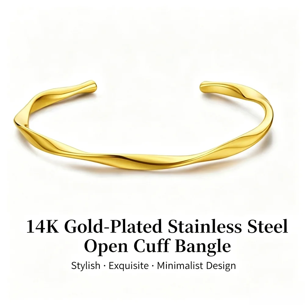 Women's 14K Gold Plated Stainless Steel Mobius Twist Open Cuff Bangle Minimalist Fashion Bracelet For Women Gift