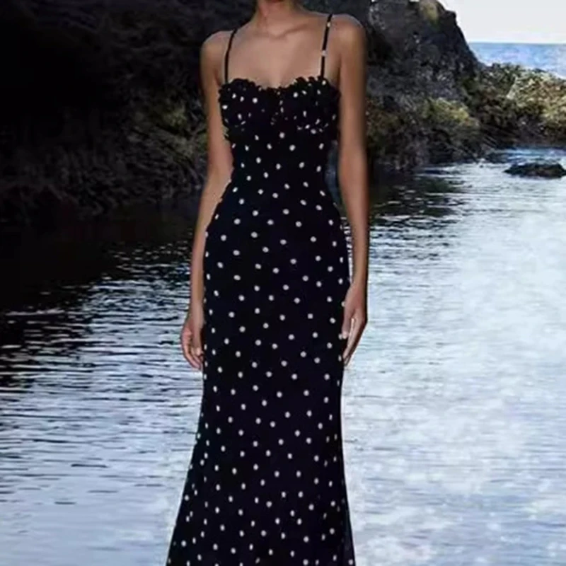 

European Elegant Long Spaghetti Strap Dress Women Backless Dot Print Dresses Woman Temperament Party and Wedding Dress Ladies