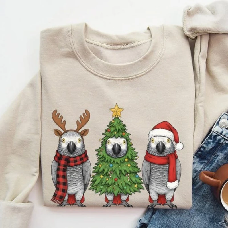 เสื้อฮู้ดลายนกแก้วแอฟริกันเกรย์ สำหรับฤดูใบไม้ร่วงและฤดูหนาว ลายซานต้า ของขวัญคริสต์มาสสำหรับผู้ใหญ่ แขนยาว ให้ความอบอุ่น เสื้อฮู้ดเข้าชุด