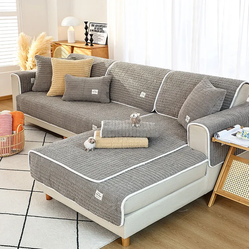 Living Room Sofa Cover Plush Warm Universal Seat Cover Corduroy Plaid Sofa Cushion Thickened Non-Slip Cushion Simple Modern
