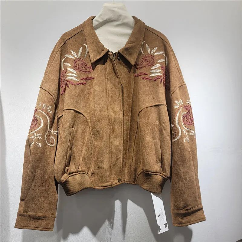 HKSH Women Coat Vintage Heavy Embroidery Turn-Down Collar Zipper Loose Casual Trendy Fashion High Street Baseball Jacket HK25868