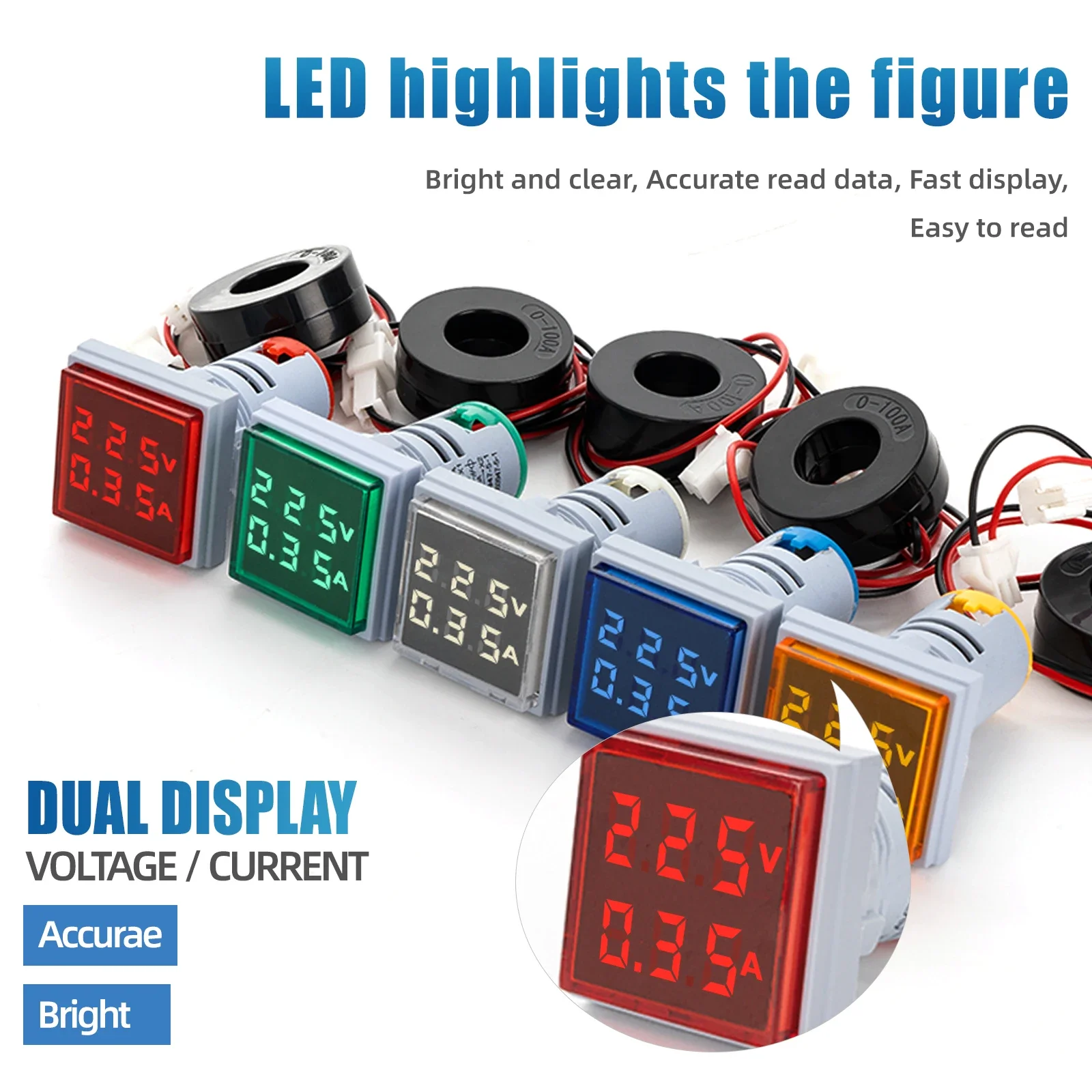 ManHua 1pc 22MM AC60-500V Voltmeter +0-100A Ammeter Square Panel LED Digital Voltage Curret Indicator