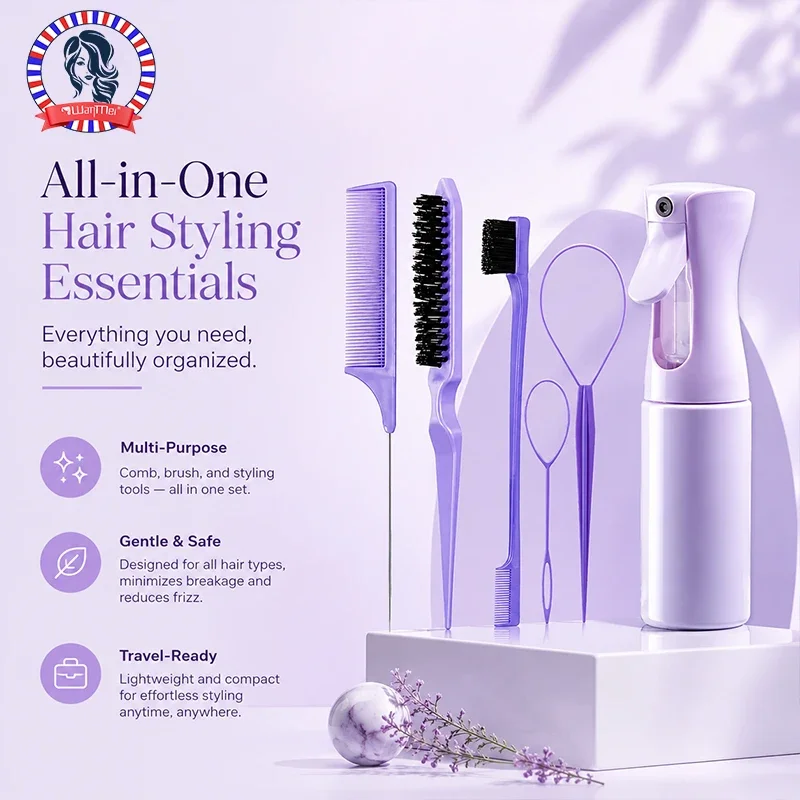 Juego de 6 uds de cepillos para el cabello, botella con pulverizador, bucle para trenzado de cabello, peine de cola de rata, cepillo para el cabello con borde Brsuh, accesorios para cabello rizado