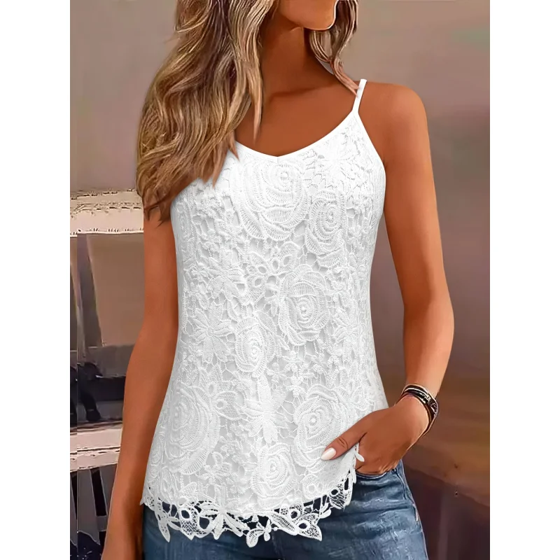 

Women's Summer Sleeveless Lace Trim Top - Slim-Fit Solid Color Blouse Casual Outings