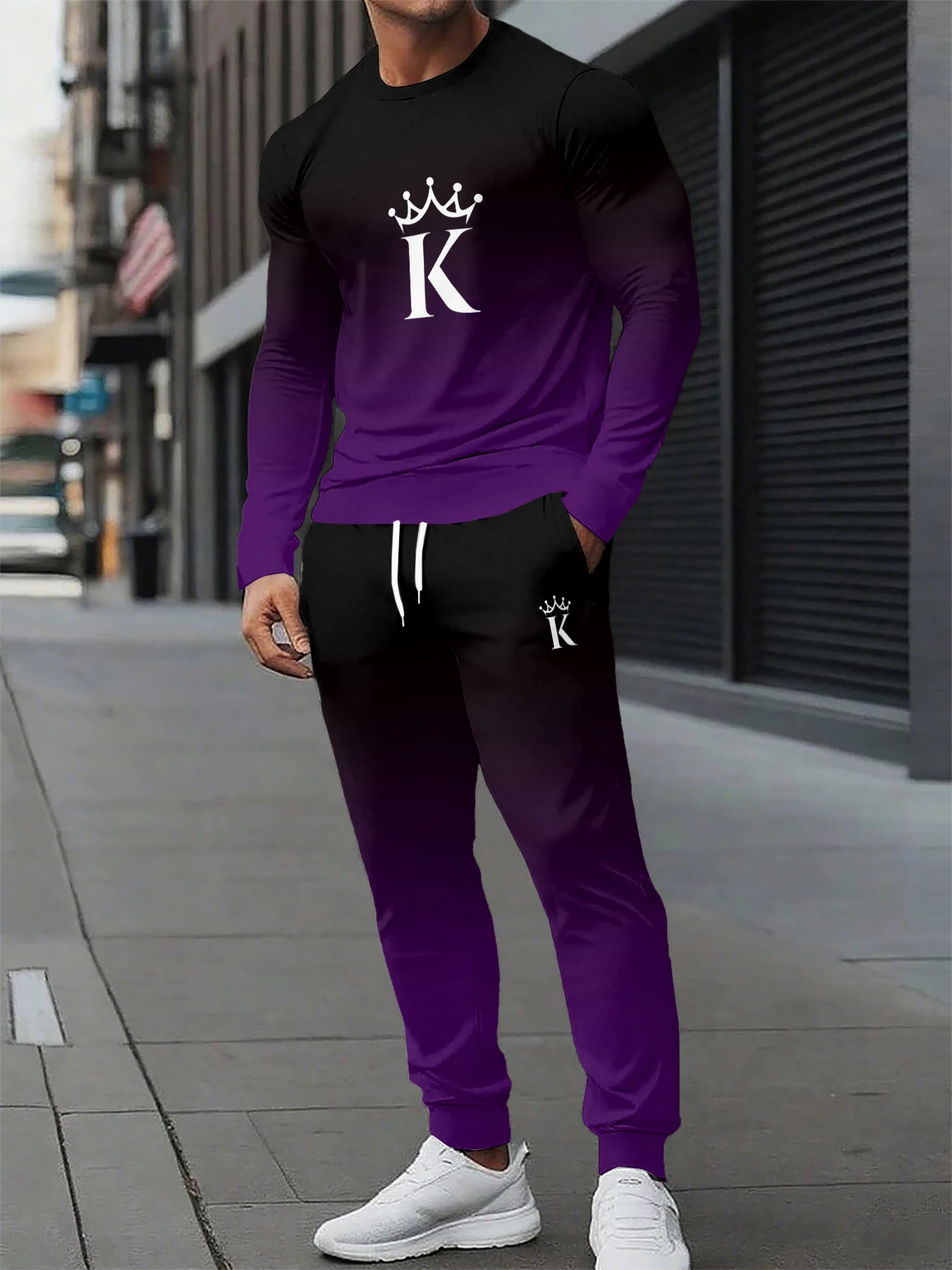 

Autumn and Winter Men Long Sleeved Set Men Fashion K Letter Printed Round Neck Long Sleeved Set Casual Men Quick Drying Set