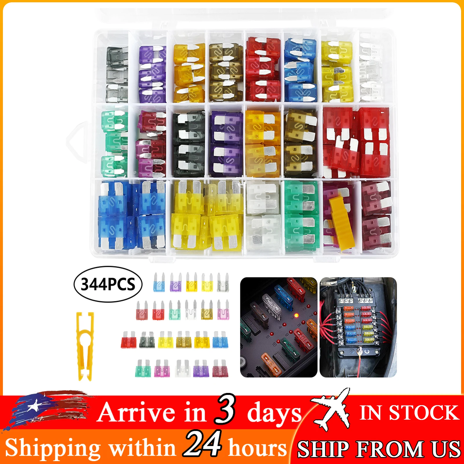 344Pack Car Fuse Blade Fuses Kit Auto Truck Standard Mini Blade Assorted 2/3/5/7.5/10/15/20/25/30/35/40A Fuse Auto Accessories