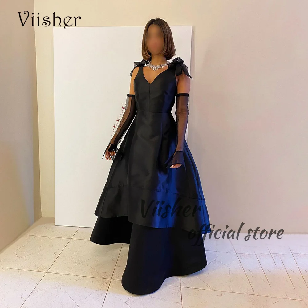 

Viisher Black A Line Evening Dresses for Women Bow Straps V Neck Dubai Arabic Formal Prom Dress Tiered Satin Long Party Gowns