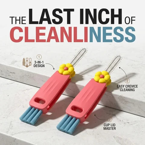 Cup Lid Cleaning Brush 3-in-1 Multifunctional Water Bottle Crevice Cleaner for Tumblers & Baby Bottles, Nordic Flower Gap Scrubber with Spiral, U-Shaped & Corner Bristles, 4.92in Minimalist Deep Groove Tool for Travel Cup Lids & Kitchen, Red