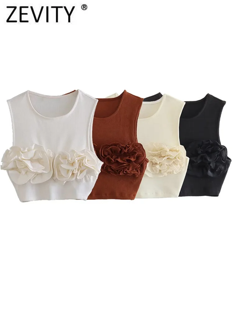 Zevity Women Sexy Sleeveless Solid Color Flower Appliques Smock Blouse Femme Summer Vest Slim Shirt Chic Blusas Crop Tops LS4280