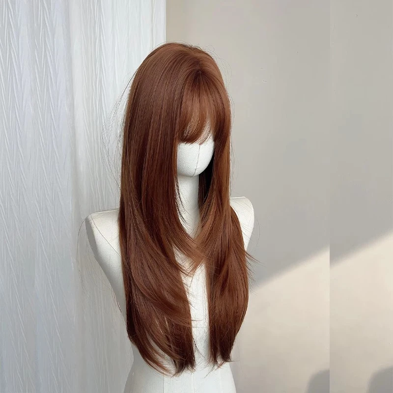Wig untuk wanita dengan rambut lurus panjang, coklat oranye, Lolita kelas atas, perawatan kecantikan harian, dan set kepala penuh anti penuaan