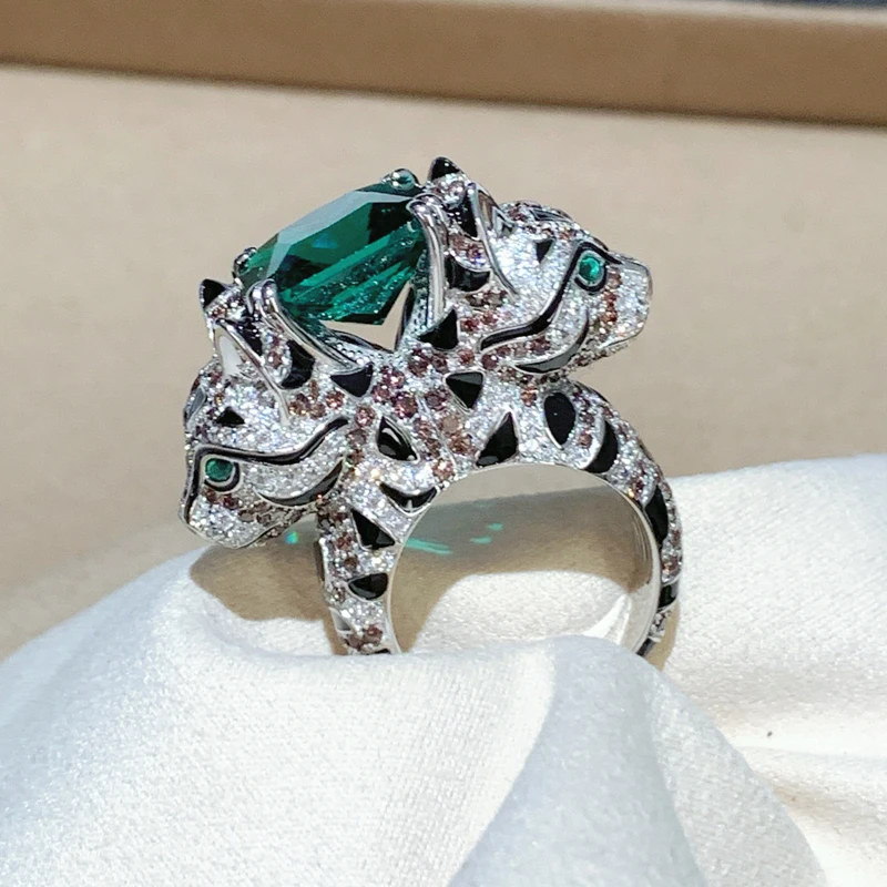 Trendy Real 925 Sterling Silver Rings For Women Gift Leopard Print Green Crystal Design 5a Zircon Ring Luxury Fine Jewelry
