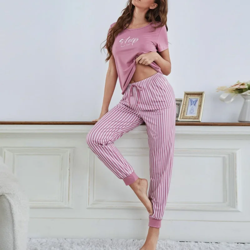 Autumn New Women\'s Sleepwear Pajamas Set Letter Print Short Sleeve+Stripe Pants Pyjama 2-Piece Set Casual Fashion Sleep Homewear