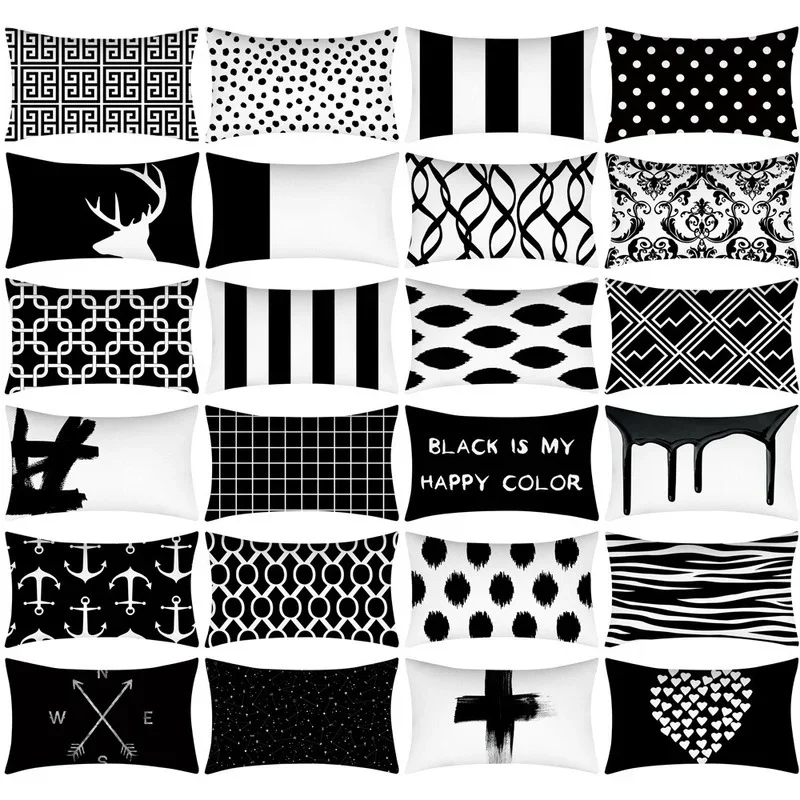 Rectangle Pillow Cover 30x50cm Couch Decor Pillow Geometric Printed Polyester Cushion Cover Simple Style Black White Pillowcases