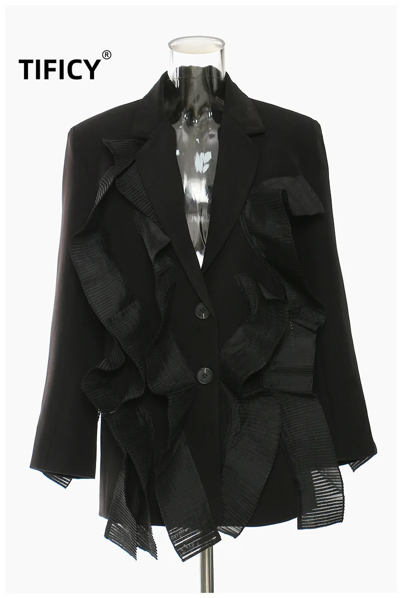 Tificy Autumn Blazers Women's Ultra Heavy Duty Patchwork Pleated Fairy Style Casual Suit Jacket Top