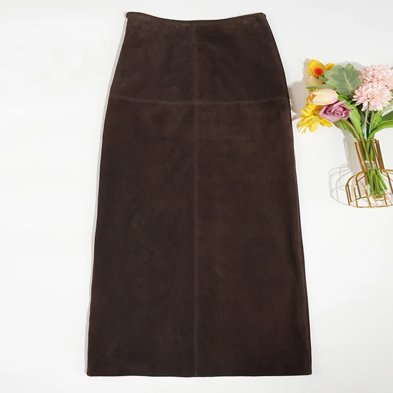 Gonne in pelle scamosciata di pelle di pecora importata per donna Autunno Inverno Gonne lunghe in vera pelle vintage a vita alta con pacchetto a trapezio