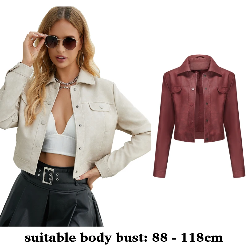 

high quality women print leather short jacket long sleeve collar snap button casual spring autumn 2025 clothing pink red brown