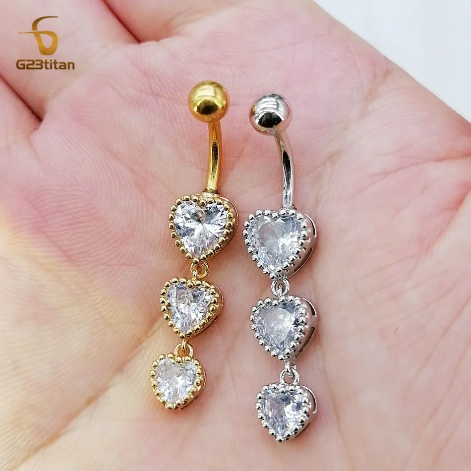 G23titan Zircon Heart Dangle Belly Button Rings 14G Allergy-free Titanium Steel Curved Barbell Women Sexy Navel Piercing Jewelry