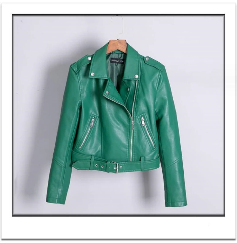 Chaqueta de cuero para motocicleta para mujer, abrigo de piel sintética, ajustado, color verde, novedad, invierno y otoño