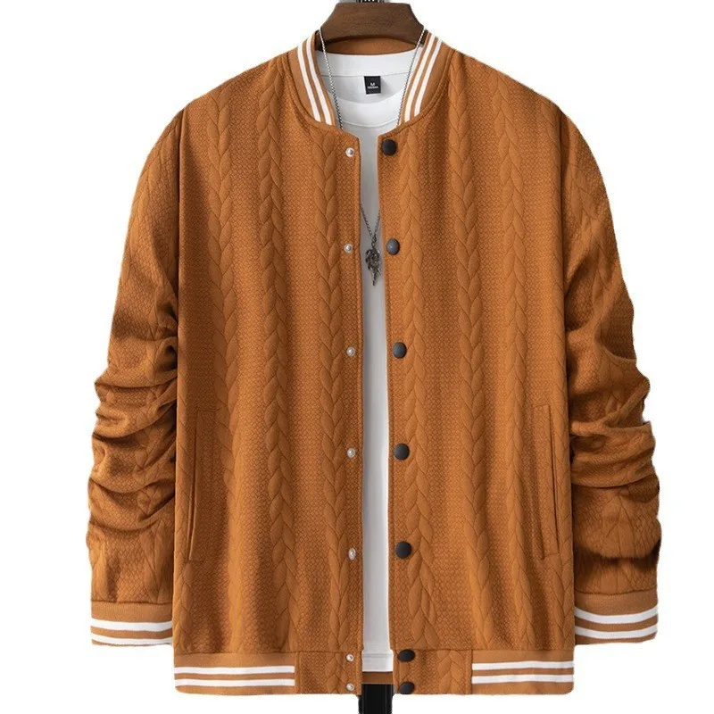 

Pop Korean Style Fall Winter Men Baseball Uniform Knitted Heavy Jacquard Stripes Stand Collar Casual Drop Shoulder Breasted Jack