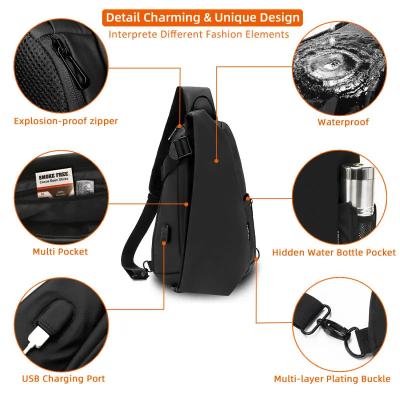 KINGSLONG  Men Sport Chest Bag Shoulder Bag IPad Bag High Capacity Multifunctional Cool Casual Crossbody Bag with USB Port