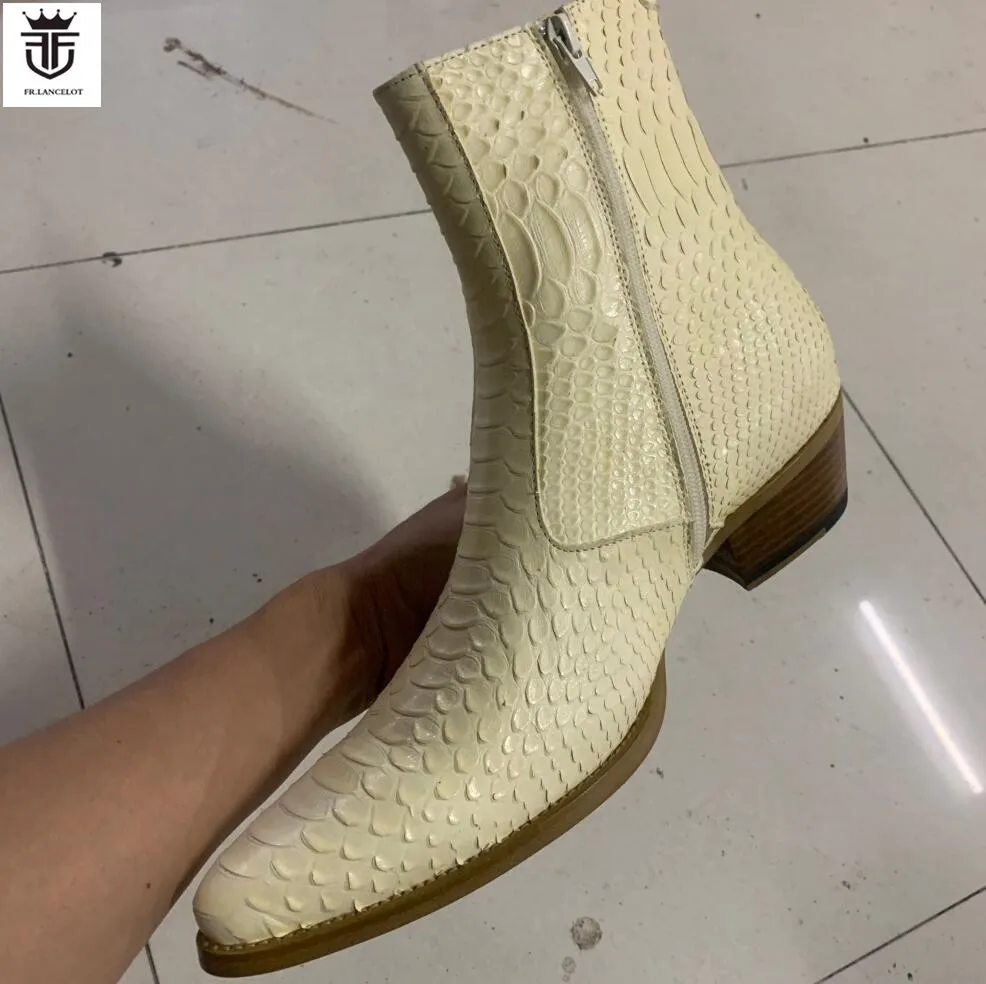 Brand New Fashion Men shinny leather boots zip side snakeskin print leather ankle booties male party shoes low heel mens boots