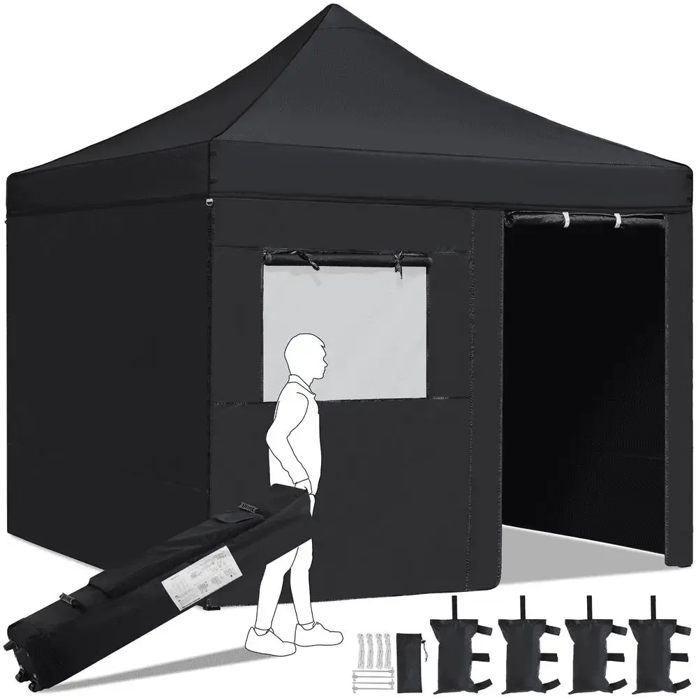 10x10 ft Black Commercial Canopy Tent Kit with Mesh Window Door & Sidewalls