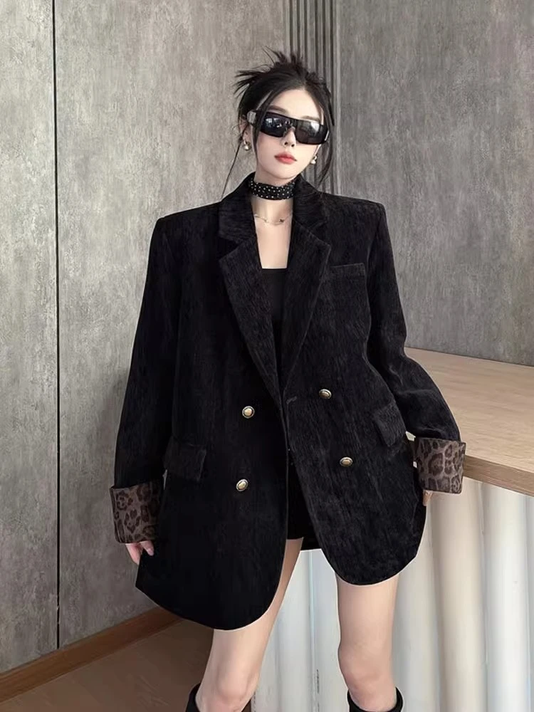 Vintage High-end Fashion Suit Jacket Women's Spring and Autumn Stitching Leopard Print Black Casual Shoulder Pad Suit Top Trendy