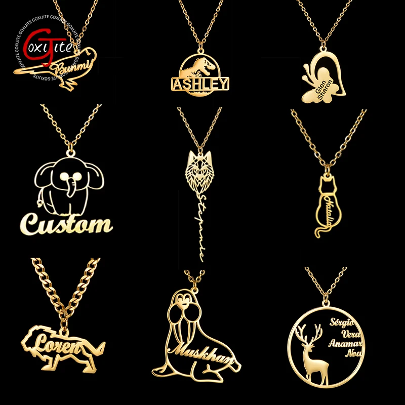 

Goxijite Trendy Custom Name Pendant Stainless Steel Personalized Names Multiple Animal Pattern Necklace For Women Men Best Gift