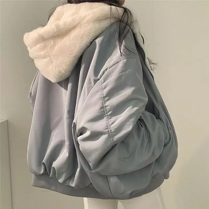 Parkas grossas de dupla face com capuz feminino, casaco com zíper, casual feminino, jaquetas soltas, moda coreana feminina, quente, inverno