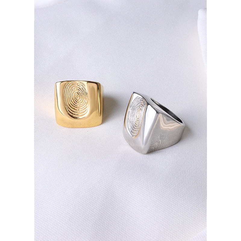 Fashion Punk Ring For Women Exaggerated and Personalized Finger Print Stainless Steel Gold Plated Couple Metal Ring