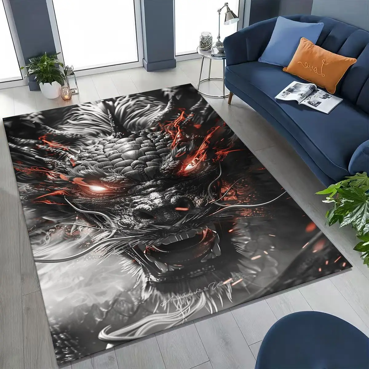 Magic Dragon Mythology Art Chinese Loong Cartoon Rug for Bedroom Living Room Sofa Home Doormat Decor, Large Non-slip Floor Mat