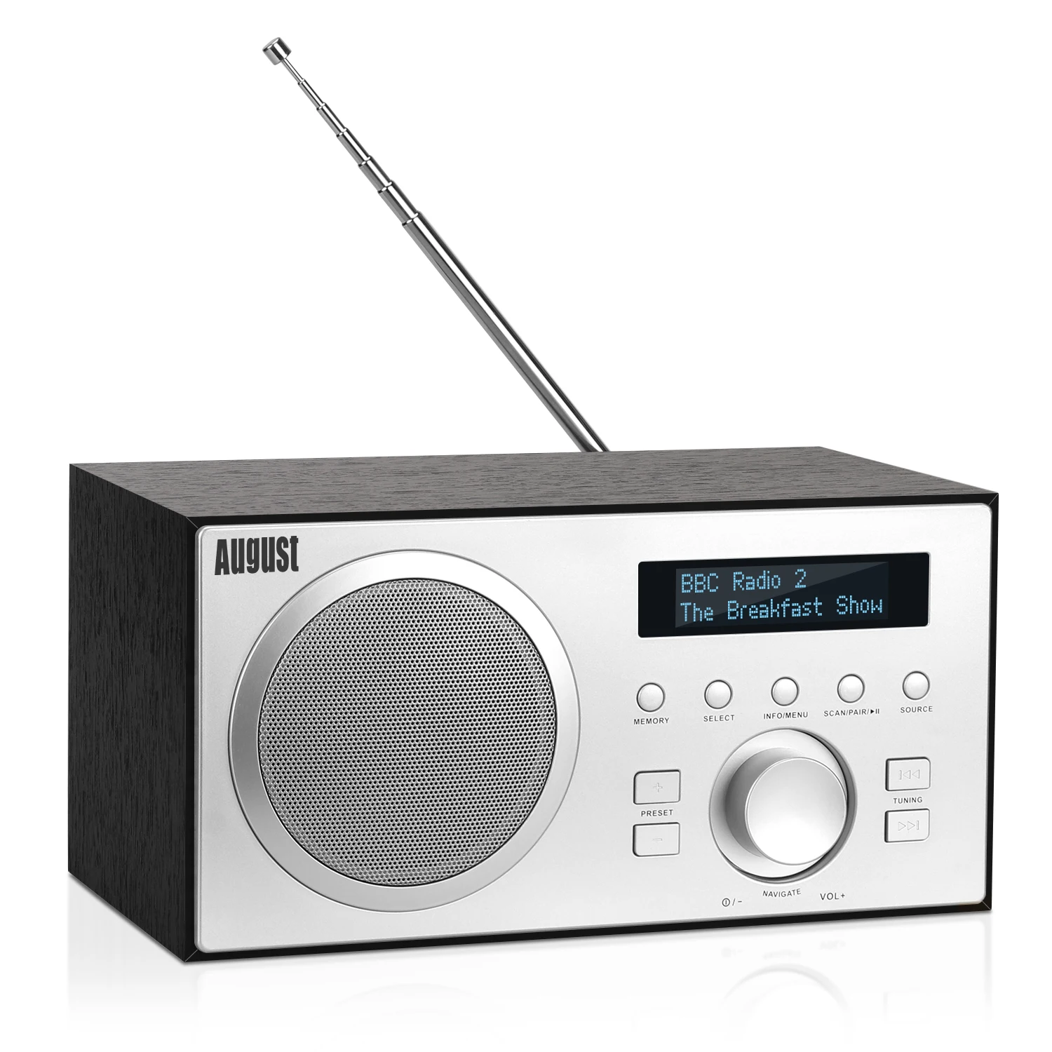 August MB420 DAB FM Bluetooth Wood Radio Terrestrial USB, Digital and Analogue Player Hifi Alarm Clock Earphone Jack-Black