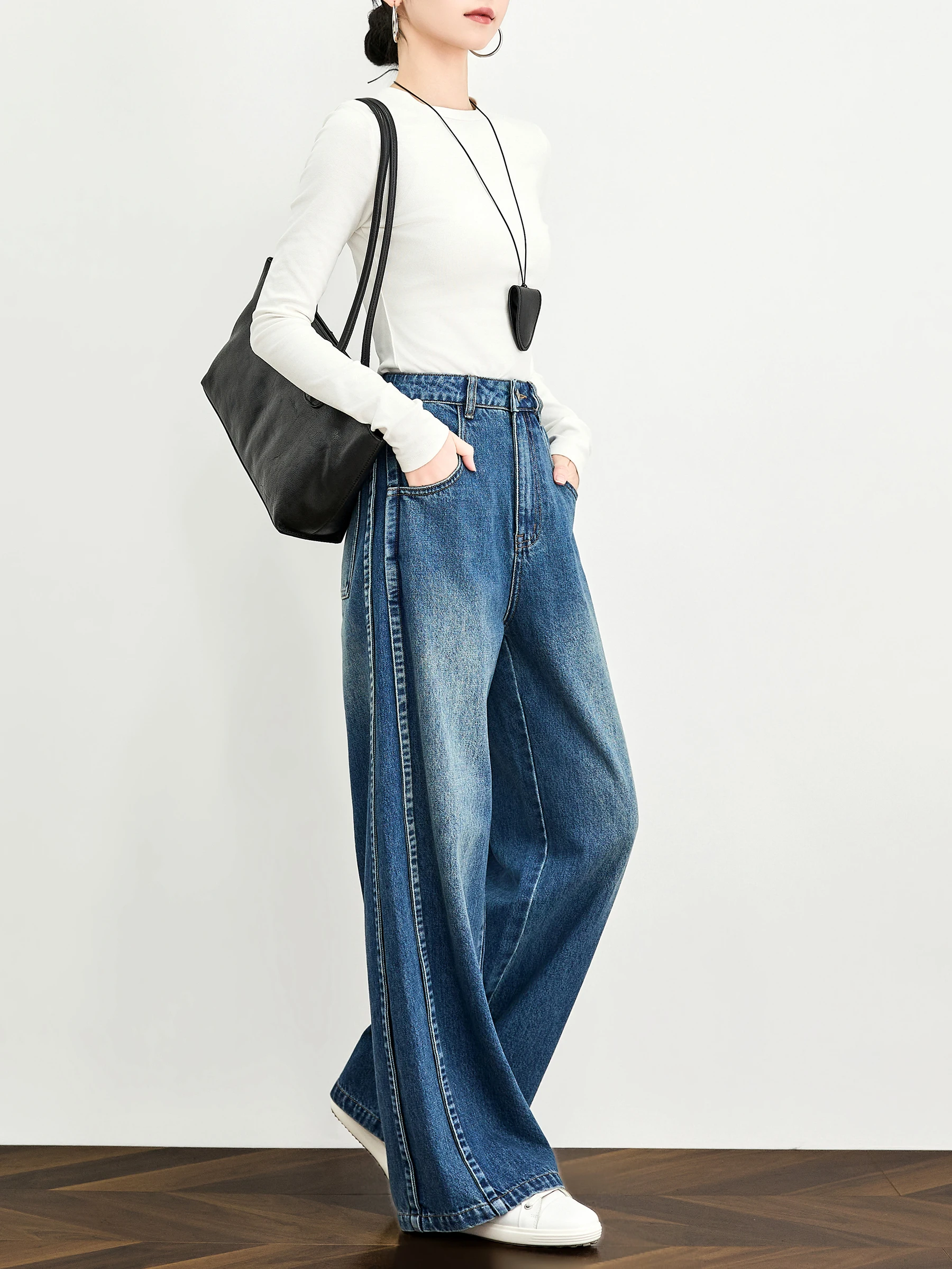 

Женские джинсы с высокой талией и широкими штанинами, прямые, повседневные, драпированные, длиной в пол, из хлопка с эффектом памяти, весенние