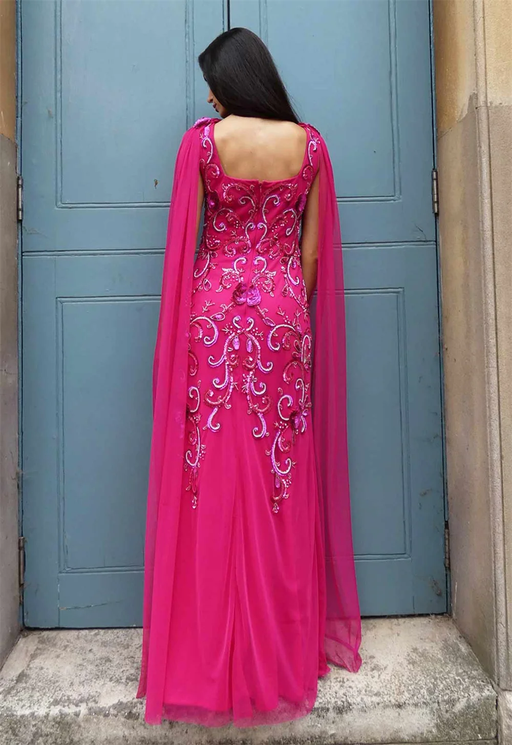 Elegant Pink Floating Sleeve Evening Dress Square Neckline Beading Beads Formal Occasion Dress Embroidery Long Prom Party Gown