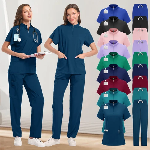 Uniforme de Spa para mujer, Top transpirable suave de manga corta, pantalones para correr, cuello con cremallera, uniforme de trabajo para técnico de uñas y salón de belleza