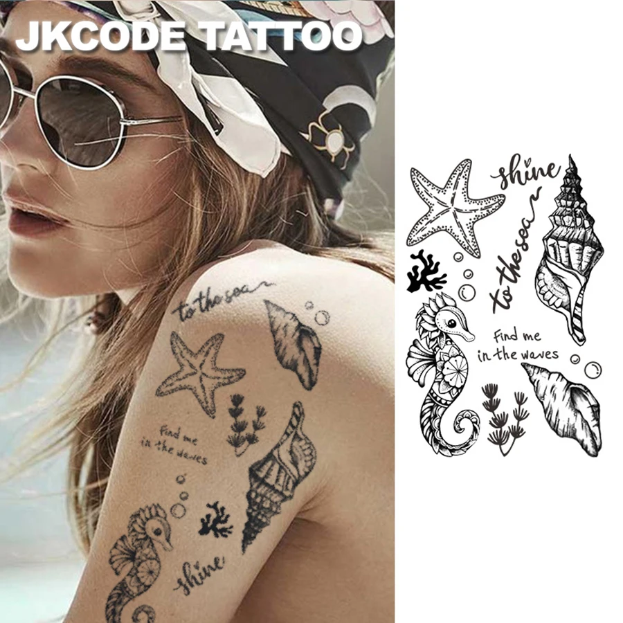 Ocean Minimal Tattoo-Kräutertattoo-Aufkleber Ins Style Cute Design-Ins Style-Ocean Theme Island Style Pattern-Conch Starfish Shell Seaweed Seahorse-Cute Tattoo Modeaccessoires Damen Finger Hands Neck Tattoo Langlebig 15 Tage